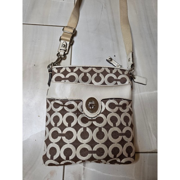 Coach Signature C Monogram Crossbody Bag Brown White Leather Trim Turnlock - Picture 11 of 16